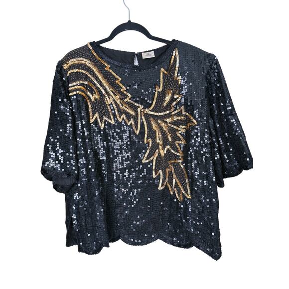 Vintage Silk Leaf Sequin Blouse 2X Black & Gold Holiday Glam 80s Retro MobWife - Picture 2 of 6
